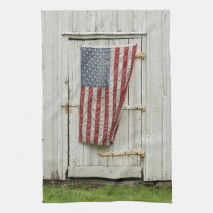 Farms White Barn Door With American Flag Kitchen Towel