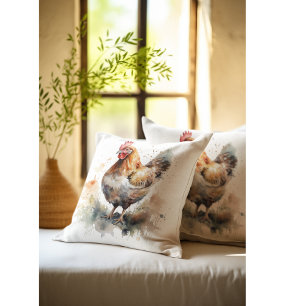 Farmyard Charm: Watercolor Chicken Art Throw Pillow