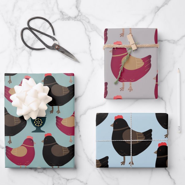 Farmyard Chicken Lovers Egg Cup Black Pink Wrapping Paper Sheet (Front)