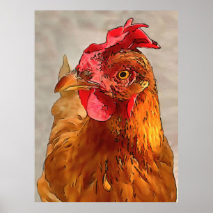Farmyard Chicken Portrait Black Outline Art Poster