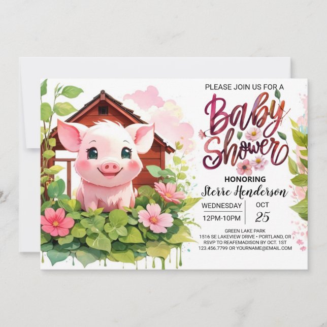 Farmyard Fiesta at Piggy's Pink Baby Shower Invitation (Front)