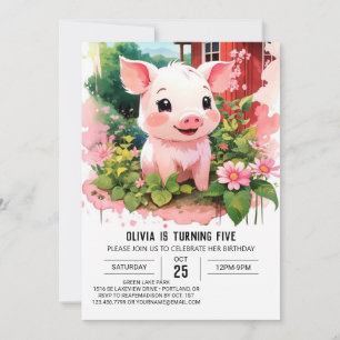 Farmyard Friends Watercolor Piglet Girl Birthday Invitation