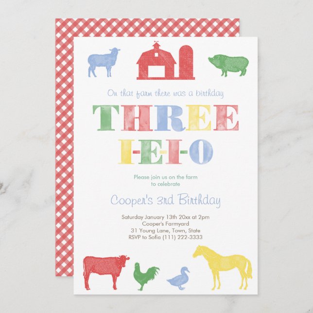 Farmyard Theme Three I-E-I-O 3rd Birthday Party Invitation (Front/Back)