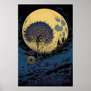 Fascinating Dandelion Under The Moonlight Poster