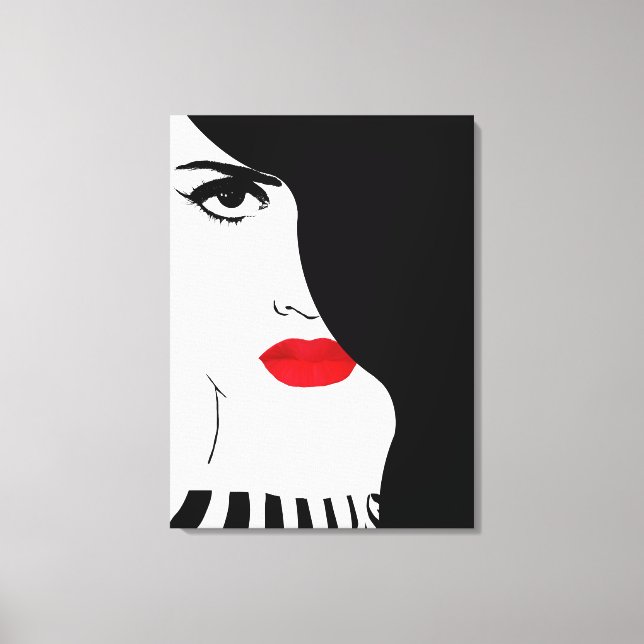 Fashion art, black white red lips woman canvas (Front)