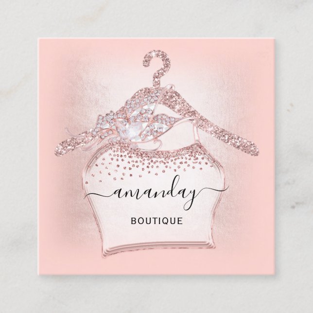 Fashion Blogger Rose Glitter Cloth Hanger Boutique Square Business Card (Front)