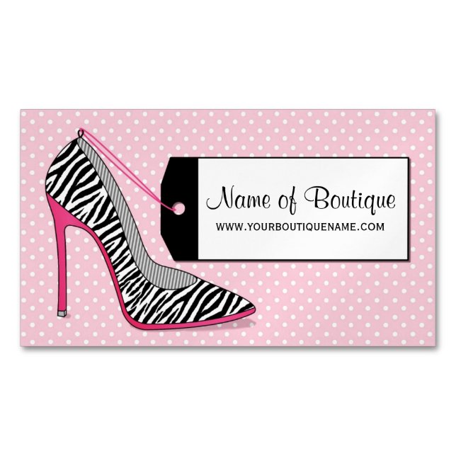 Fashion Boutique Pink Black Zebra Print Shoes Magnetic Business Card (Front)