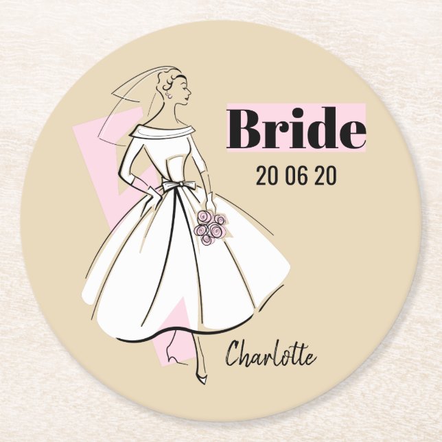 Fashion Bride Neutral Bride Date Name round Paper Coaster (Front)