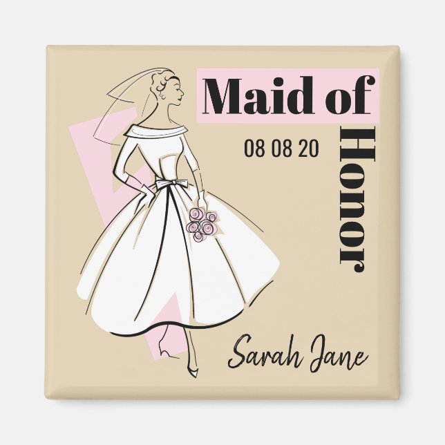 Fashion Bride Neutral Maid of Honour Date Name Magnet (Front)