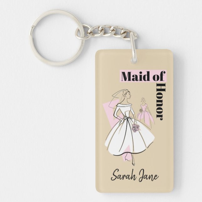 Fashion Bride Neutral Maid of Honour rectangle Keychain (Front)