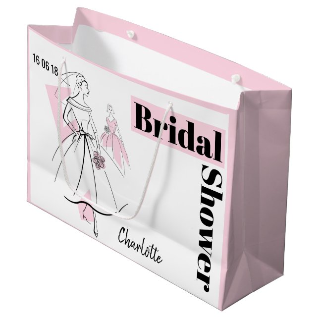 Fashion Bride Pink Bridal Shower Date Name L pink Large Gift Bag (Front Angled)