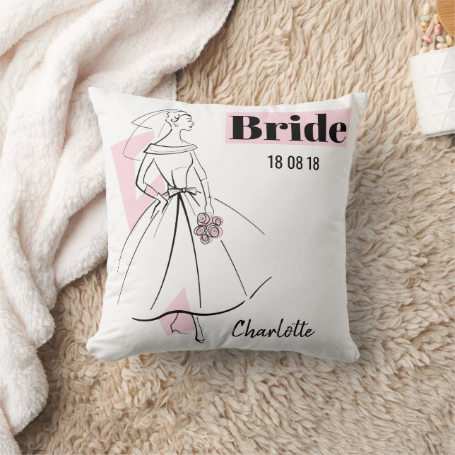 Fashion Bride Pink Bride Date Name pink back Throw Pillow (Blanket)