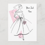 Fashion Bride Pink Text postcard<br><div class="desc">A Mid-century style design with a retro touch featuring line drawings of a bride in pink and white on a white background. Inspired by dress patterns and fashion illustrations from the 1950s and 1960s. A customizable design for you to personalise with your own text, images and ideas. An original digital...</div>