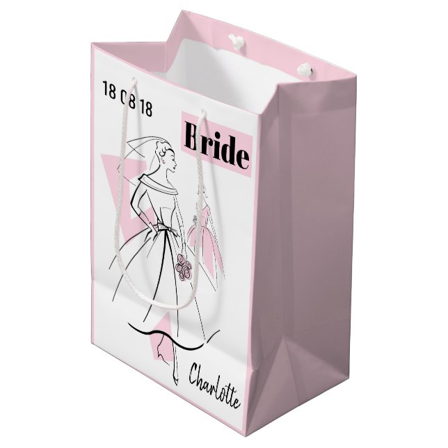 Fashion Bride rose Nom Date sac cadeau moyen rose (Devant Angle)