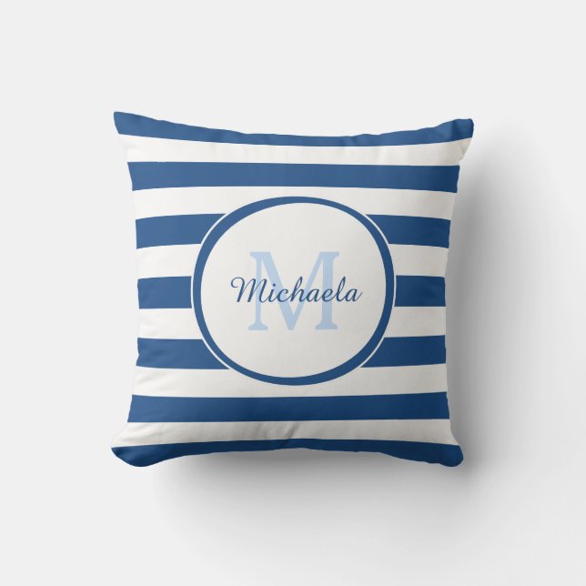 Fashion Candy Stripes Monogram and Name in Blue Throw Pillow (Front)