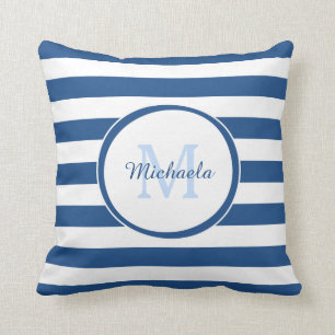 Fashion Candy Stripes Monogram and Name in Blue Throw Pillow