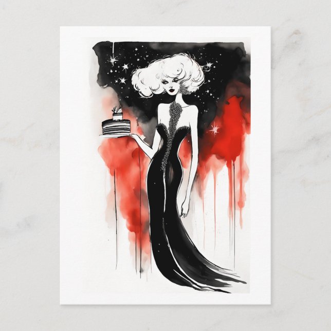 Fashion Celebration. Beautiful woman with cake Postcard (Front)