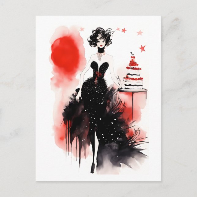 Fashion Celebration. Beautiful woman with cake Postcard (Front)