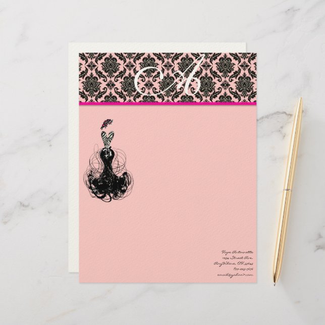 Fashion Diva Pink Raspberry Monogram Damask Letterhead (Front/Back In Situ)