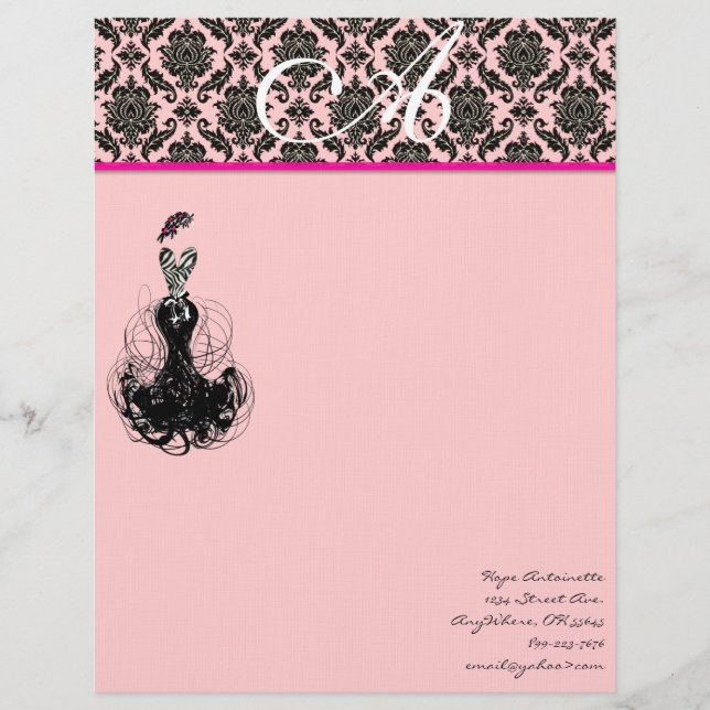 Fashion Diva Pink Raspberry Monogram Damask Letterhead (Front)