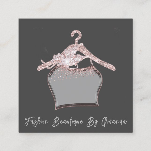 Fashion Dress Logo QR Code Grey Rose Glitter Square Business Card (Front)