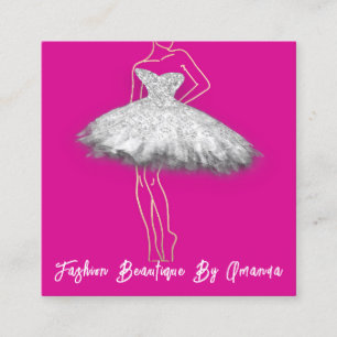 Fashion Dress Logo QR Code Grey Silver Dress Pink Square Business Card