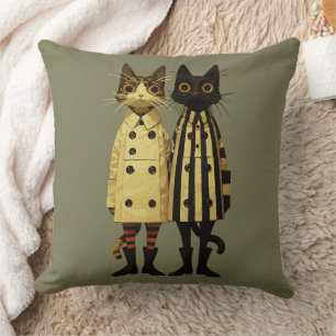 Fashion Felines – Quirky Cat in Coats & Boots Throw Pillow