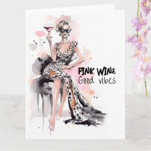 Fashion girl leopard dress pink vine watercolor card