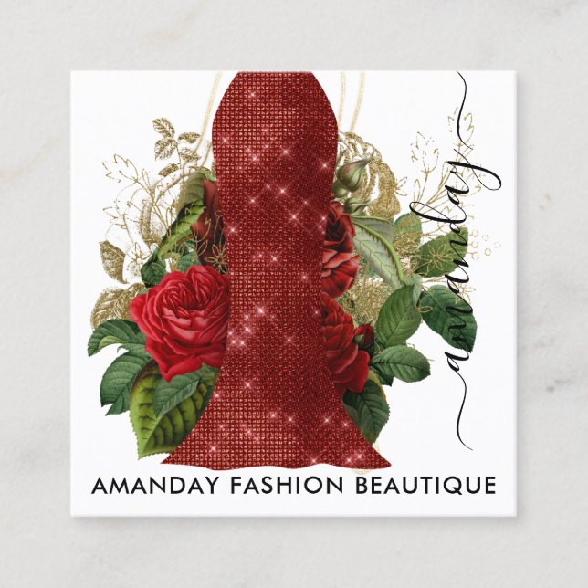 Fashion Gold Floral Dress Logo QRCode Lace Red Square Business Card (Front)