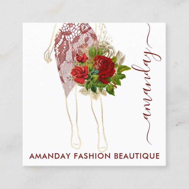 Fashion Gold Floral Dress Logo QRCode Wreath White Square Business Card (Front)