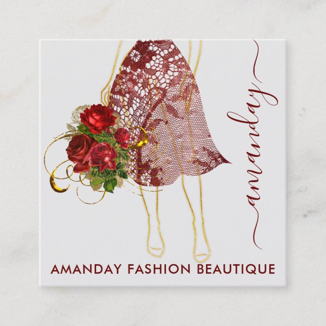 Fashion Gold Red Dress Logo QRCode Floral  Square Business Card (Front)
