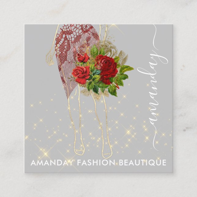 Fashion Gold Red Dress Logo QRCode Floral Square Business Card (Front)