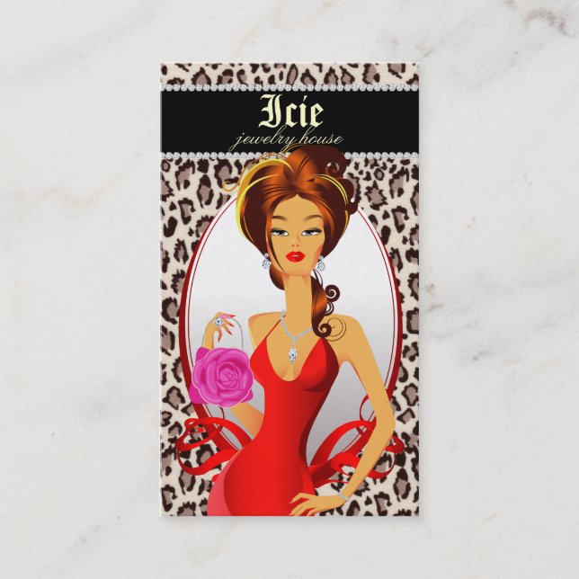 Fashion Handbag Business Card Red Leopard Beige (Front)