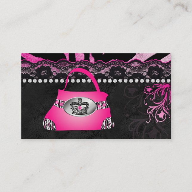 Fashion Handbag Crown Purse Pink Lace Zebra Business Card (Front)