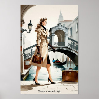 Fashion Illustration of Woman Crossing Venice  Poster