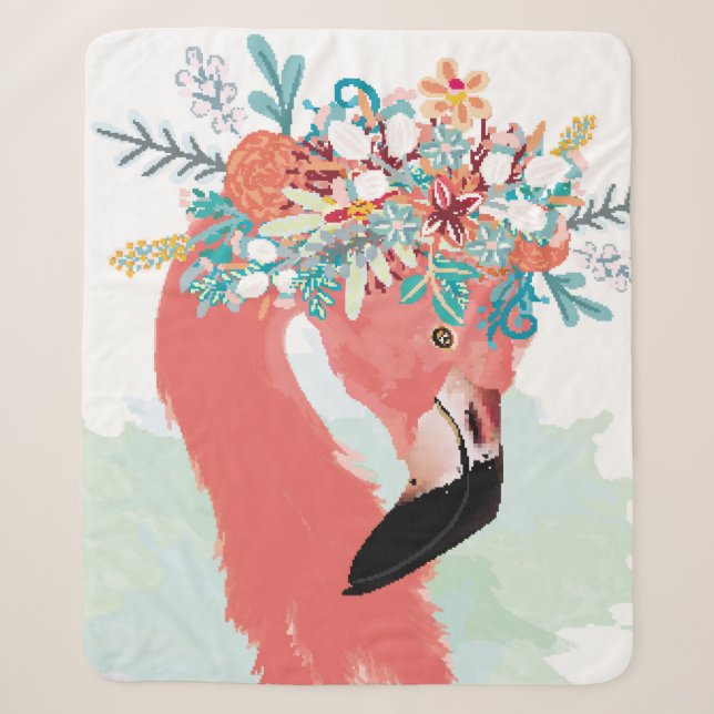 Fashion illustration with drawn pink flamingoflami sherpa blanket (Front)