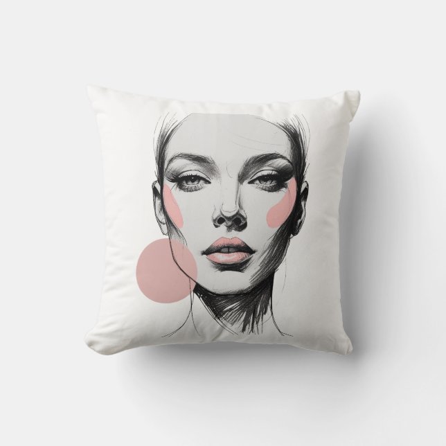 Fashion Line Art Face with Blush Pink Accents – El Throw Pillow (Front)