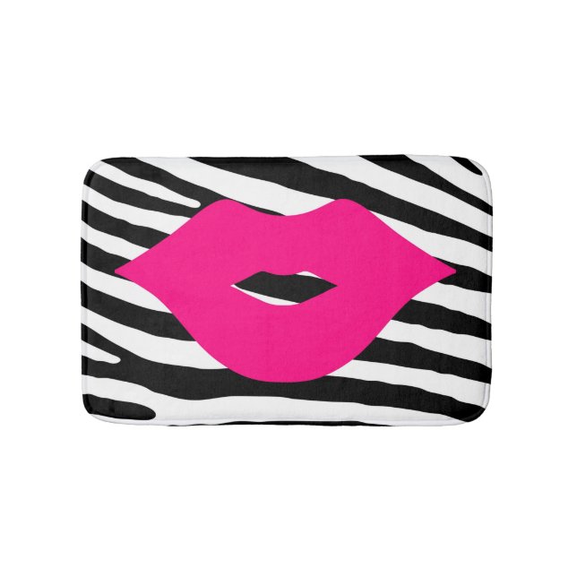 Fashion lips kiss pink girly zebra glamour bath mat (Front)