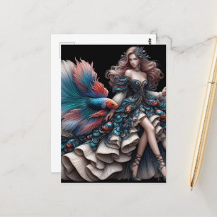 Fashion Model Woman and a Betta Fish Postcard