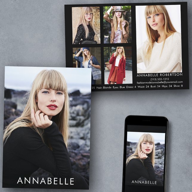 Fashion Modelling 6 Photo Modern Model Comp Card (Customize to change background color, text size or text style. Available for prints and download.)