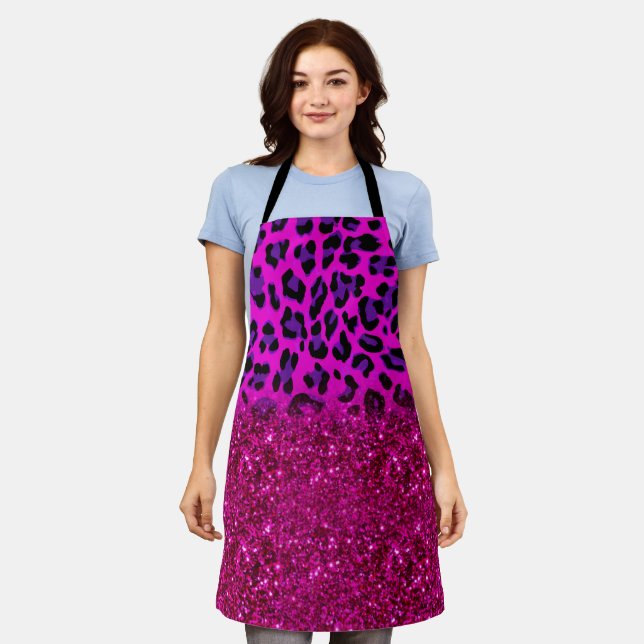 Fashion Modern Pink Purple Glitter Leopard Apron (Worn)