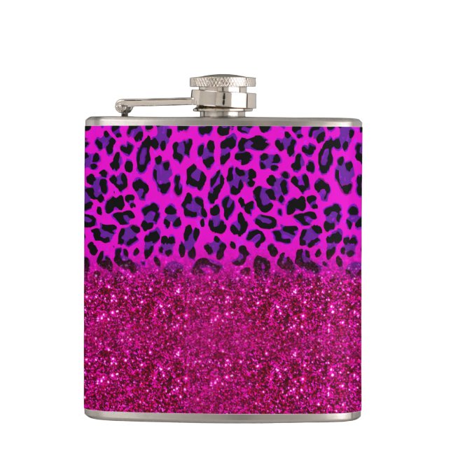 Fashion Modern Pink Purple Glitter Leopard Hip Flask (Front)