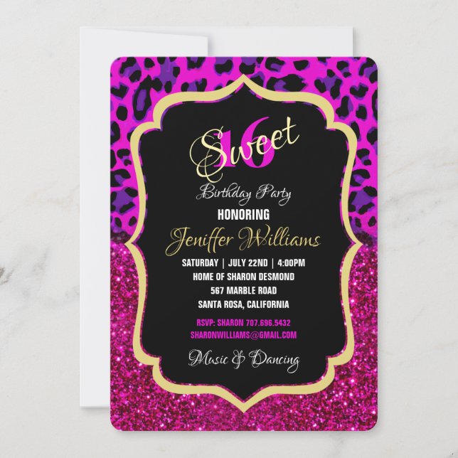 Fashion Modern Pink Purple Glitter Leopard.        Invitation (Front)