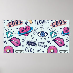 Fashion patch badges. Seamless pattern with pink g Poster