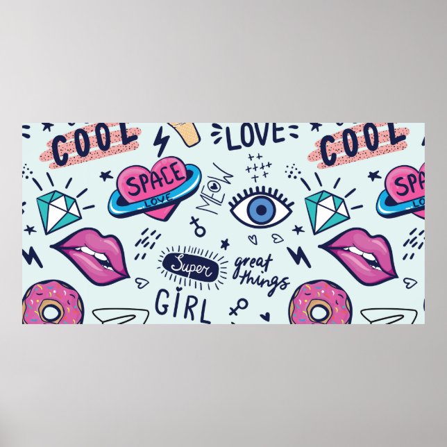 Fashion patch badges. Seamless pattern with pink g Poster (Front)
