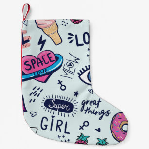 Fashion patch badges. Seamless pattern with pink g Small Christmas Stocking