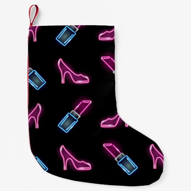 Fashion Pattern with Neon Icons. Small Christmas Stocking (Front)