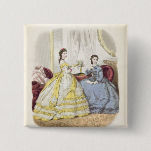 Fashion plate showing ballgowns 2 inch square button