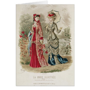 Fashion plate showing hats and dresses