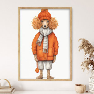 Fashion Poodle Dog Print, Funny Dog Decor, Orange  Poster
